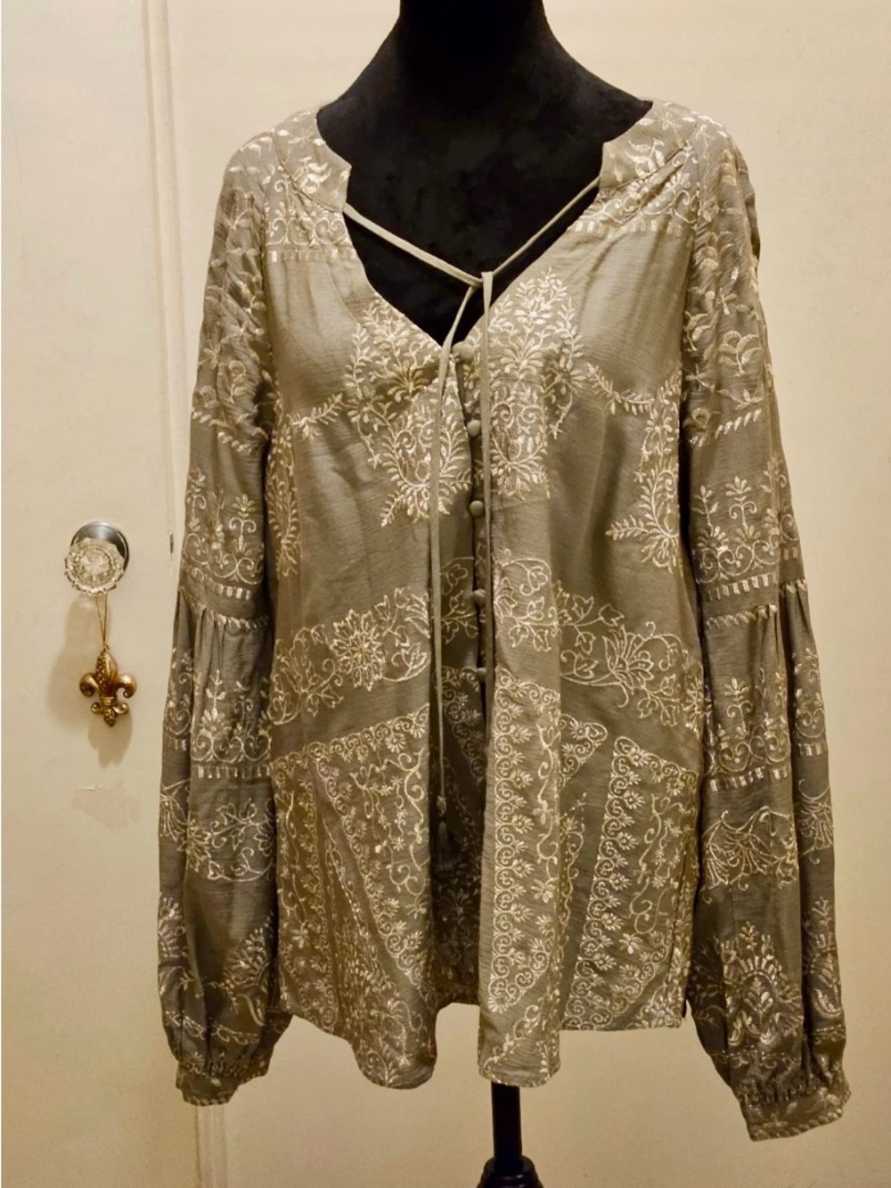 Hale Bob Olive-Taupe Embroidered Peasant Tunic